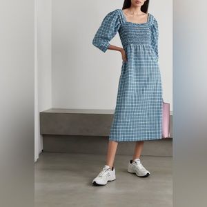 GANNI
Smocked checked organic cotton-blend seersucker midi dress
